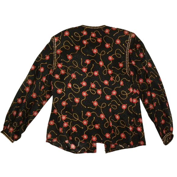 80s Scarf Print SILK Blouse | Fleur-de-Lis Tassel Black Red Gold Pattern | S - Picture 6 of 10